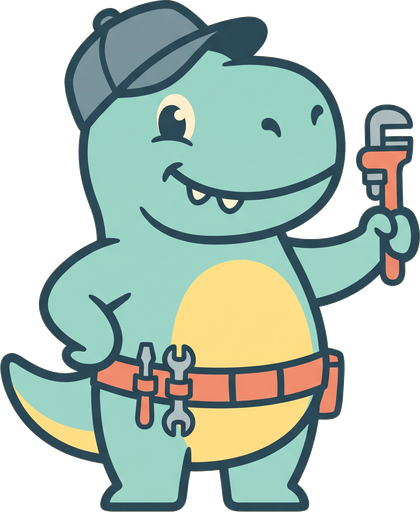 Cheeky's dinosaur mascot holding a pipe wrench
